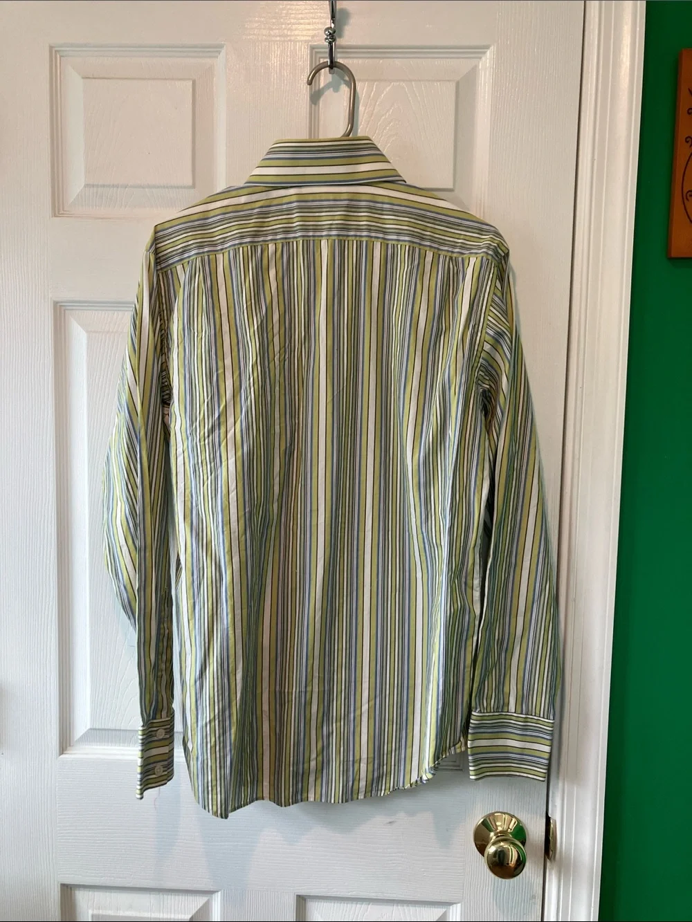 Banana republic 15-15.5 100% cotton button front shirt green stripe long sleeve